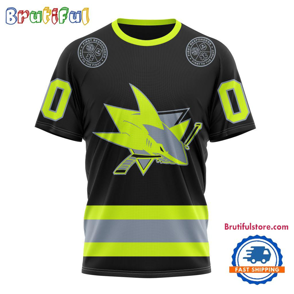 San Jose Sharks Specialized FireFighter Uniforms Color Design Custom Name Number All Over Printed T-shirt - Black