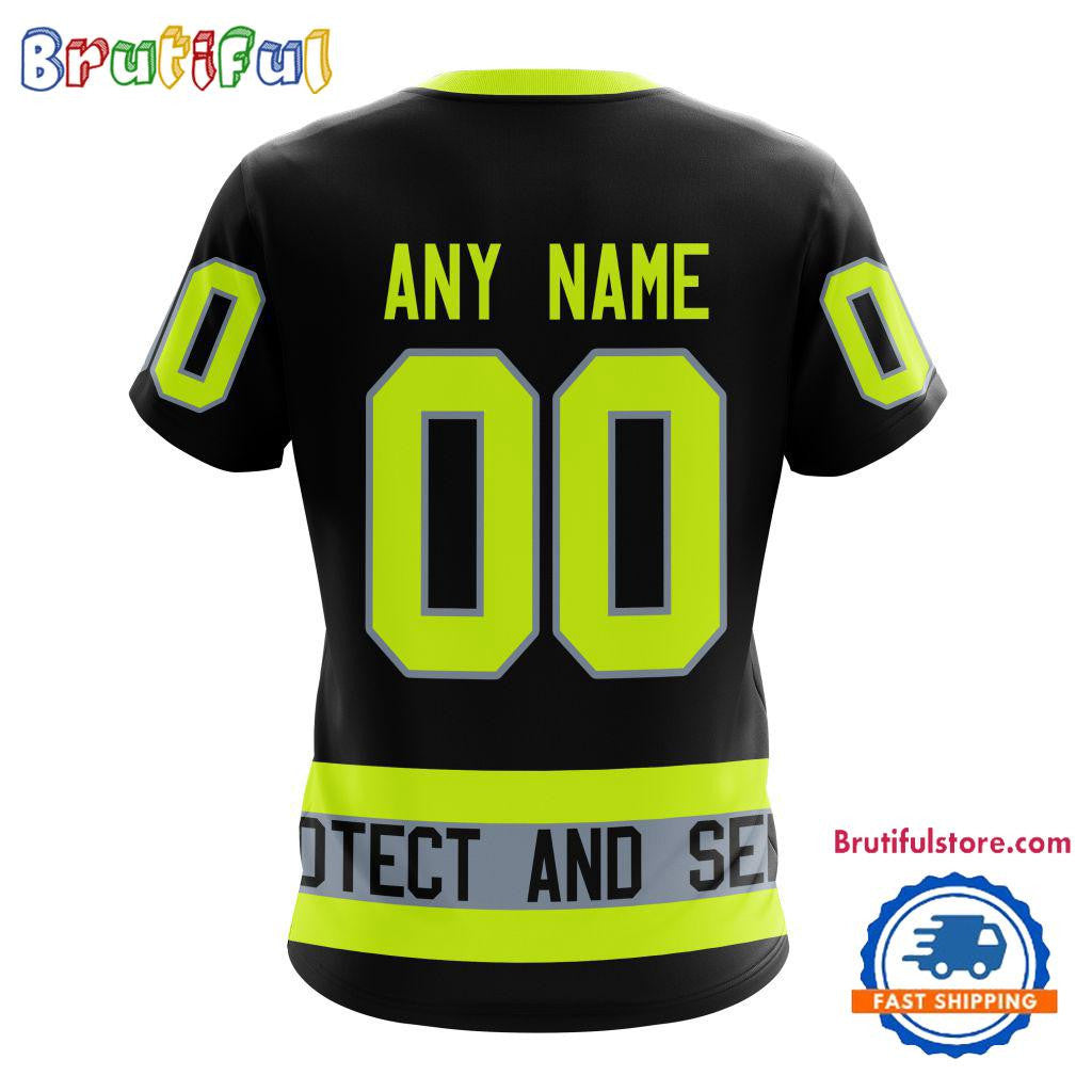 Pittsburgh Penguins Specialized FireFighter Uniforms Color Design Custom Name Number All Over Printed T-shirt - Black