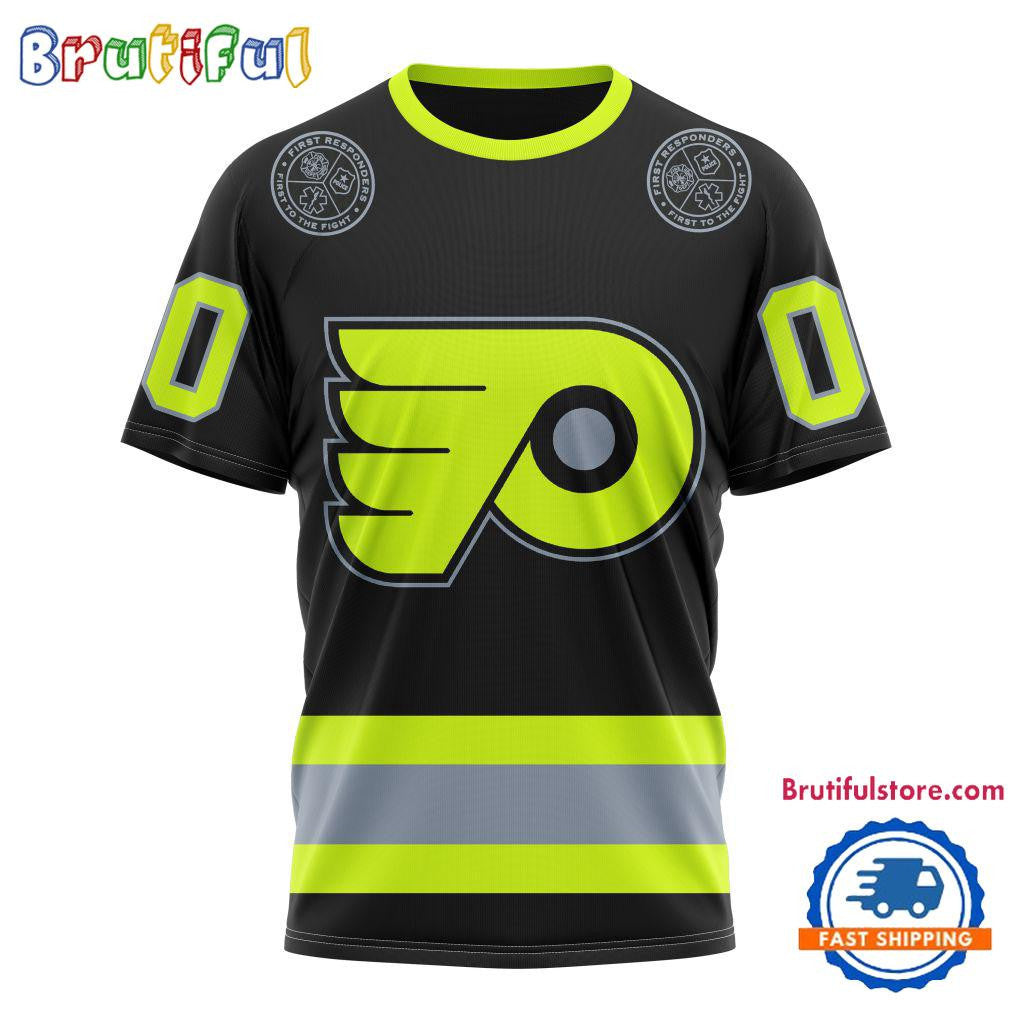 Philadelphia Flyers Specialized FireFighter Uniforms Color Design Custom Name Number All Over Printed T-shirt - Black