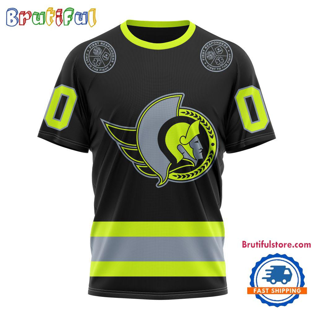 Ottawa Senators Specialized FireFighter Uniforms Color Design Custom Name Number All Over Printed T-shirt - Black