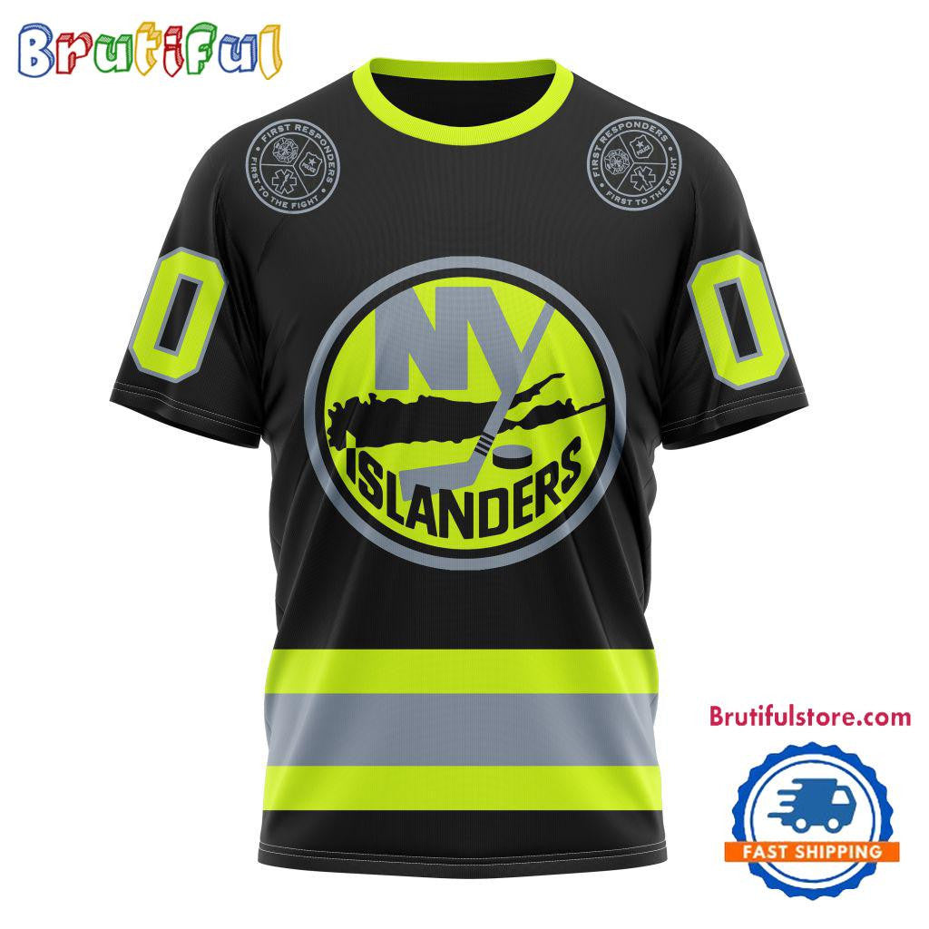 New York Islanders Specialized FireFighter Uniforms Color Design Custom Name Number All Over Printed T-shirt - Black