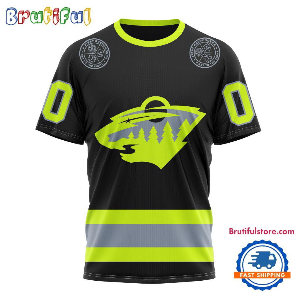 Minnesota Wild Specialized FireFighter Uniforms Color Design Custom Name Number All Over Printed T-shirt - Black