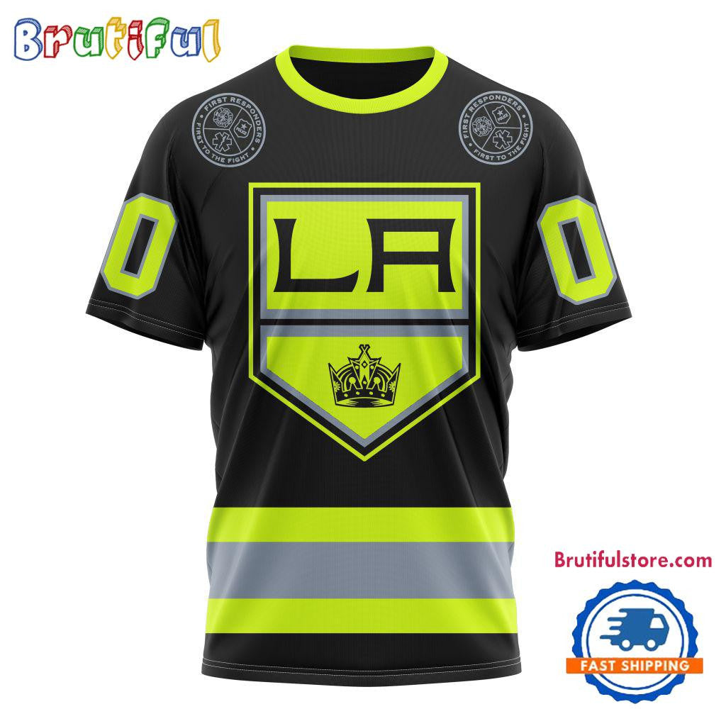 Los Angeles Kings Specialized FireFighter Uniforms Color Design Custom Name Number All Over Printed T-shirt - Black