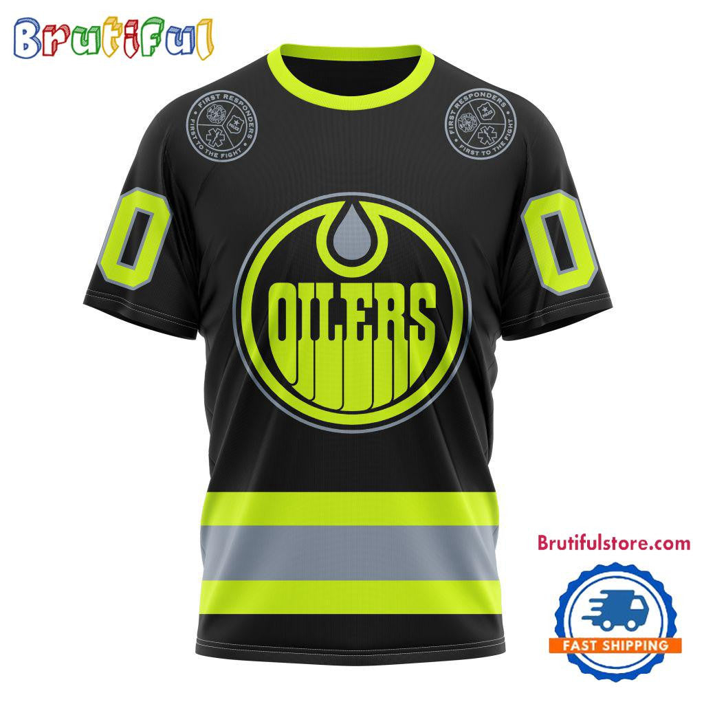 Edmonton Oilers Specialized FireFighter Uniforms Color Design Custom Name Number All Over Printed T-shirt - Black