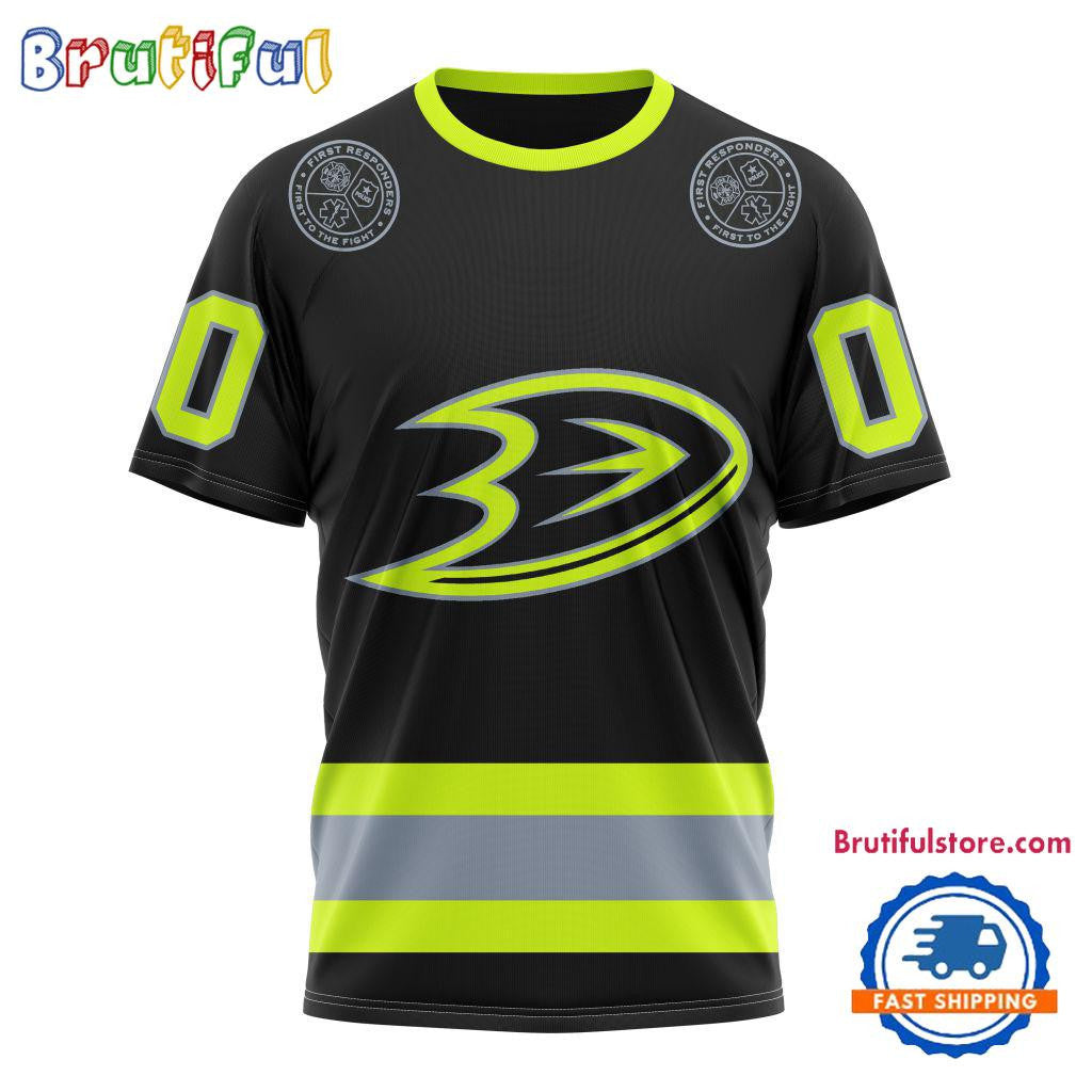 Anaheim Ducks Specialized FireFighter Uniforms Color Design Custom Name Number All Over Printed T-shirt - Black