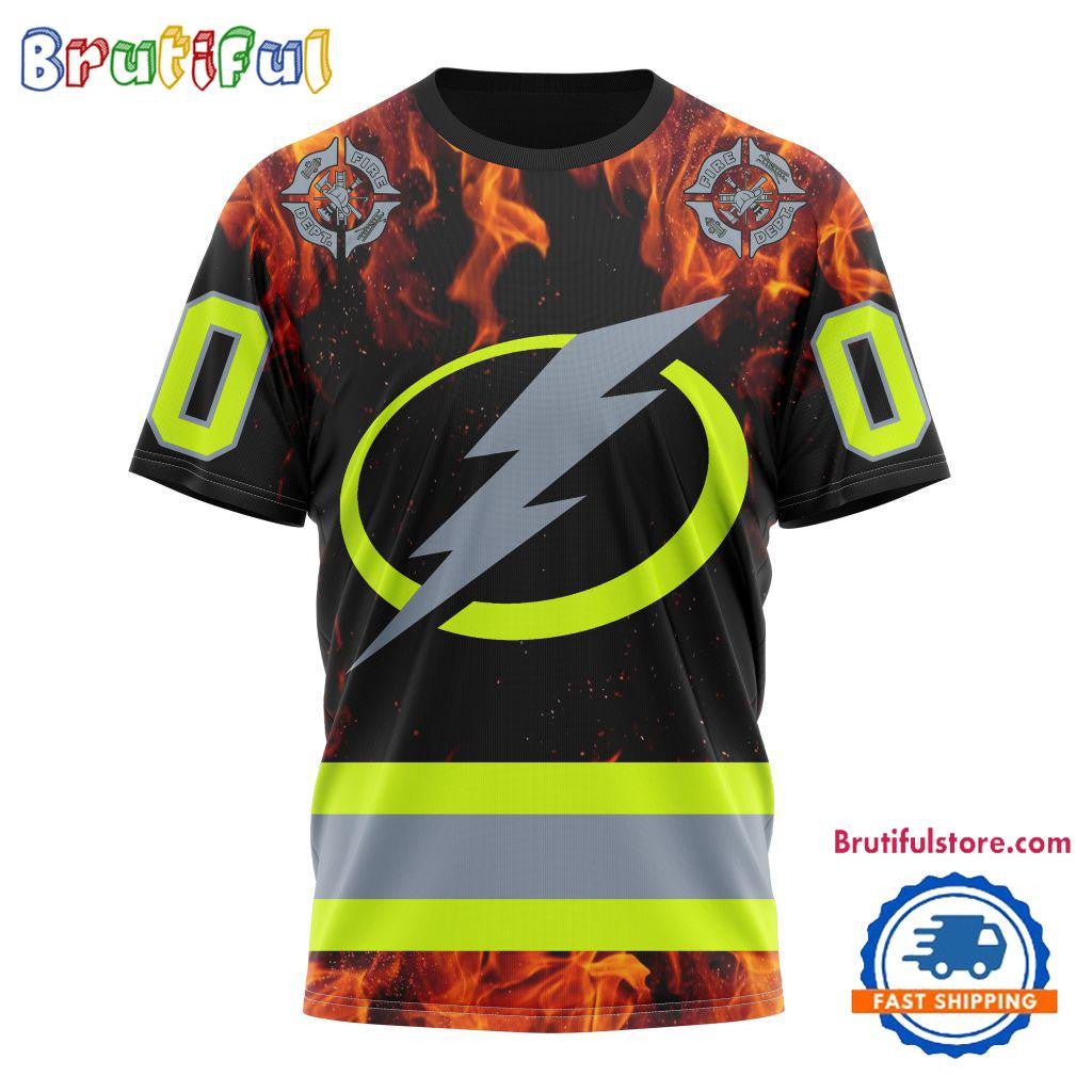 Tampa Bay Lightning Special Honoring Firefighters Custom Name Number All Over Printed T-shirt - Black