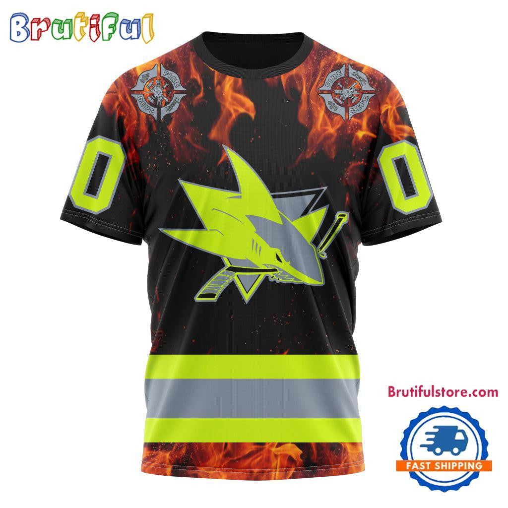 San Jose Sharks Special Honoring Firefighters Custom Name Number All Over Printed T-shirt - Black