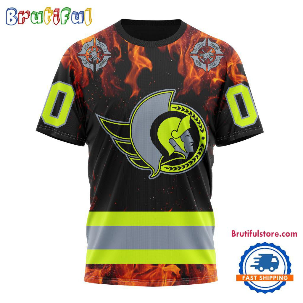 Ottawa Senators Special Honoring Firefighters Custom Name Number All Over Printed T-shirt - Black
