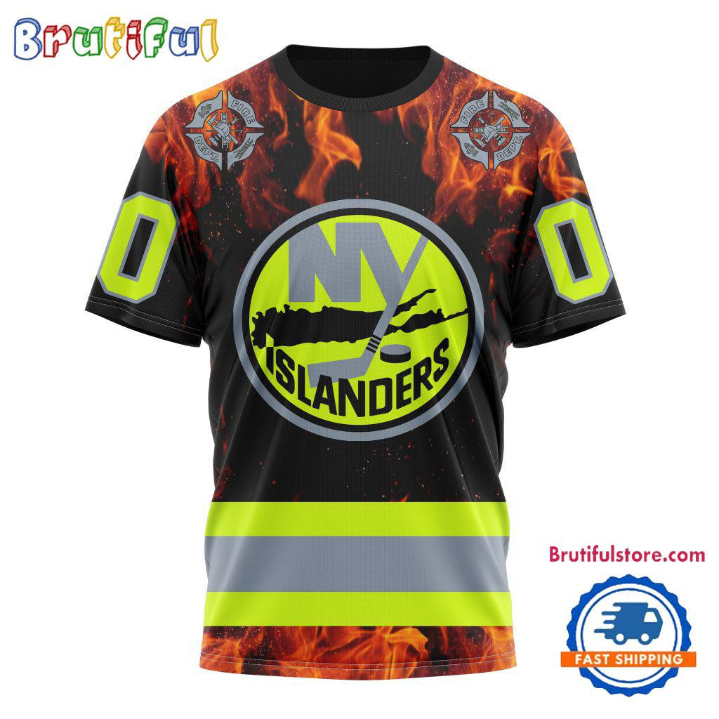 New York Islanders Special Honoring Firefighters Custom Name Number All Over Printed T-shirt - Black