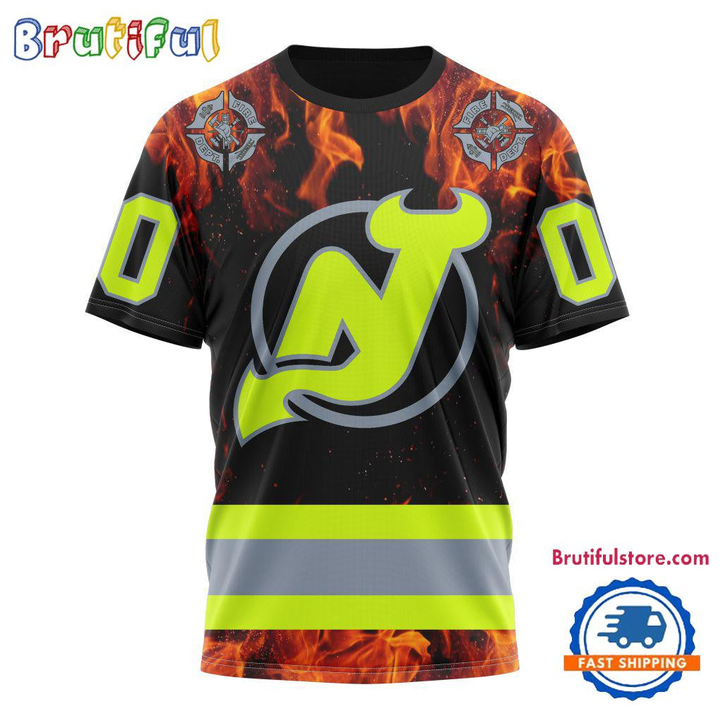 New Jersey Devils Special Honoring Firefighters Custom Name Number All Over Printed T-shirt - Black