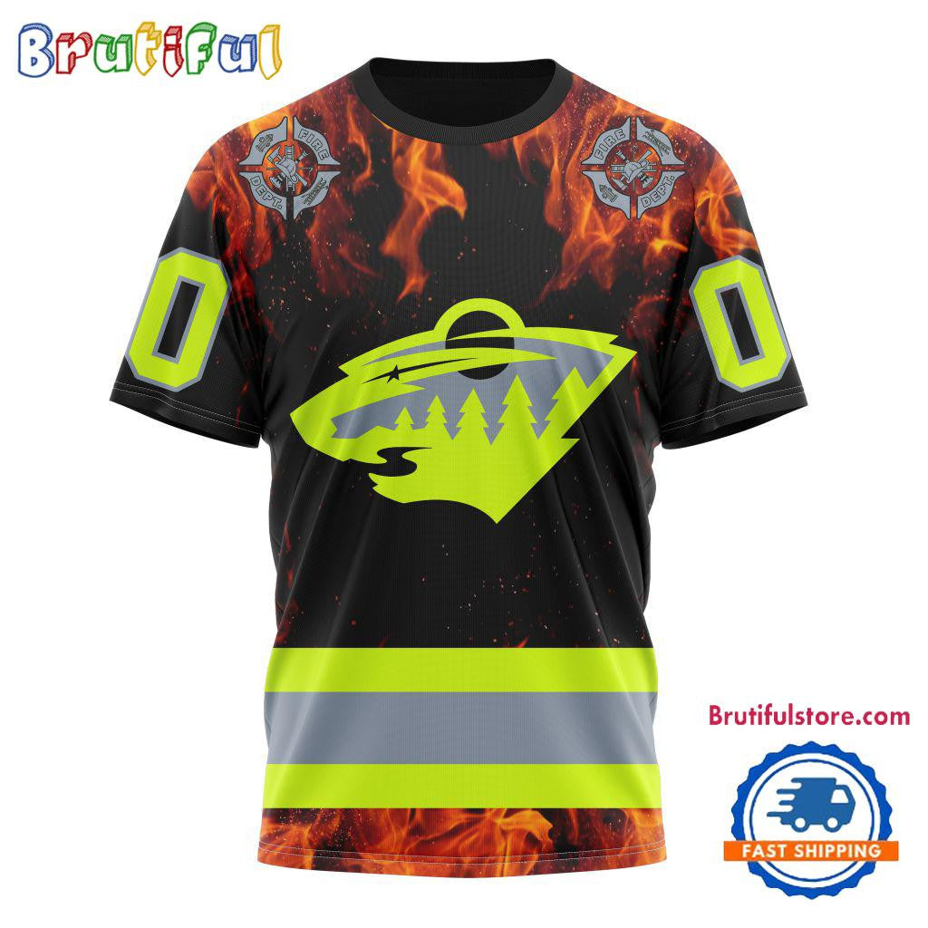 Minnesota Wild Special Honoring Firefighters Custom Name Number All Over Printed T-shirt - Black