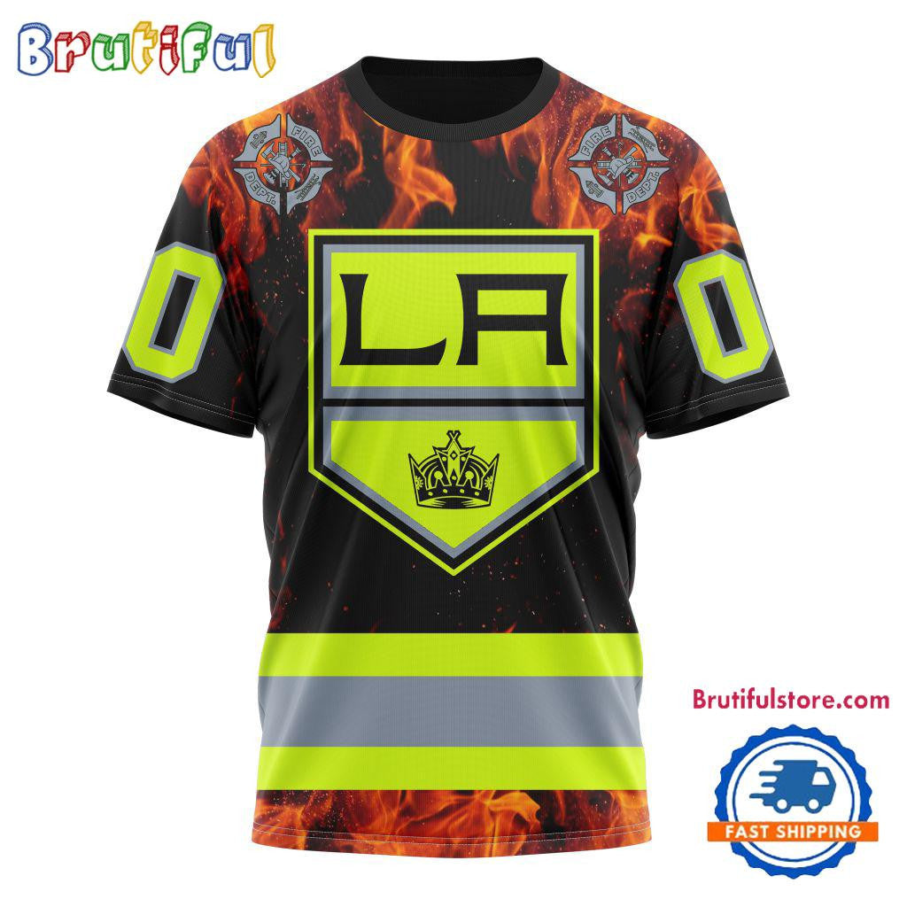 Los Angeles Kings Special Honoring Firefighters Custom Name Number All Over Printed T-shirt - Black