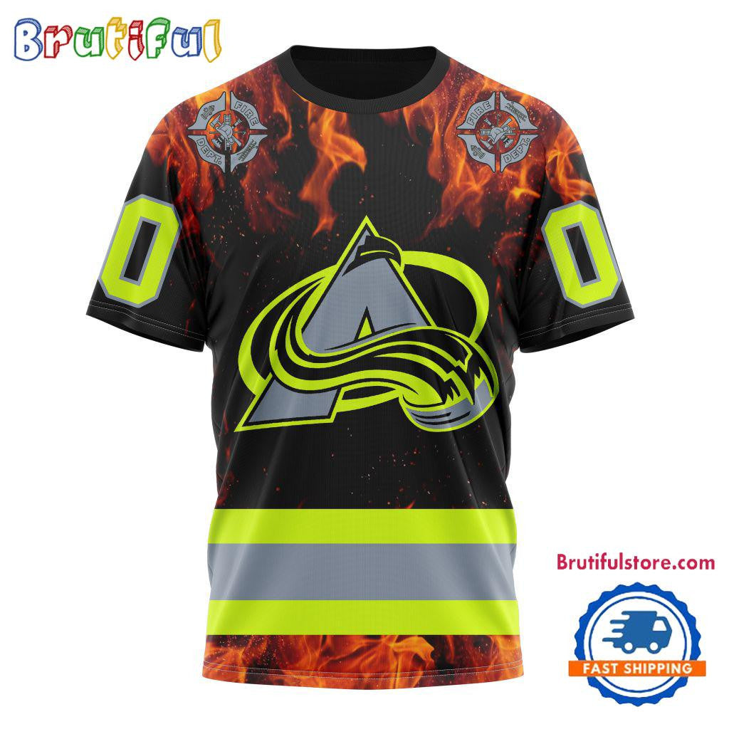 Colorado Avalanche Special Honoring Firefighters Custom Name Number All Over Printed T-shirt - Black