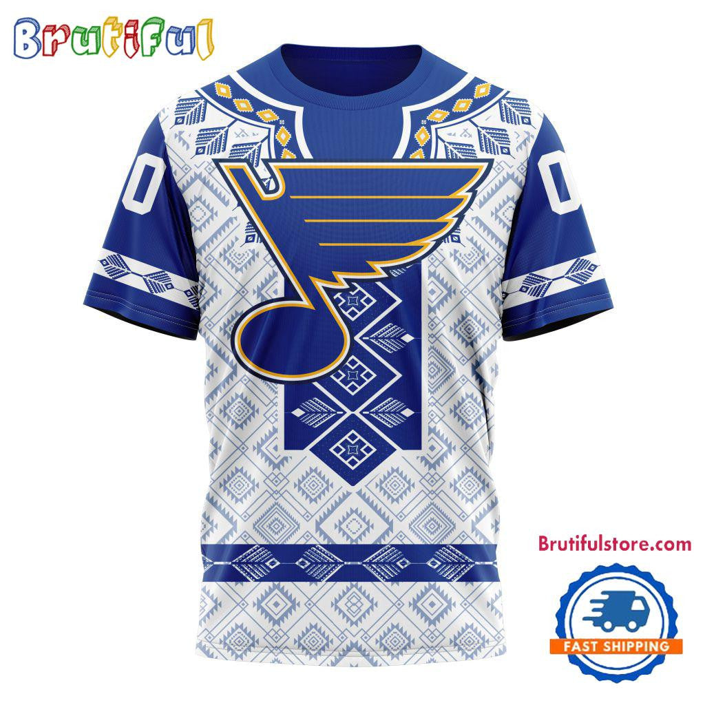 St. Louis Blues Hockey Team Native Heritage Design Custom Name Number All Over Printed T-shirt - White
