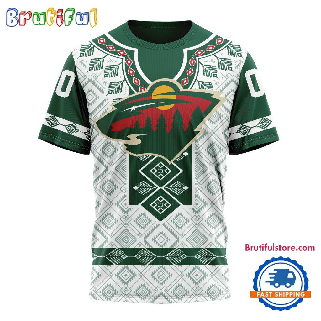 Minnesota Wild Hockey Team Native Heritage Design Custom Name Number All Over Printed T-shirt - White