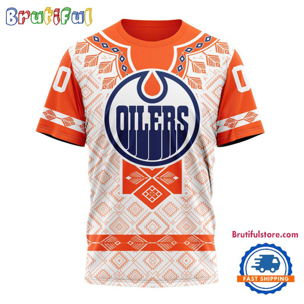 Edmonton Oilers Hockey Team Native Heritage Design Custom Name Number All Over Printed T-shirt - White
