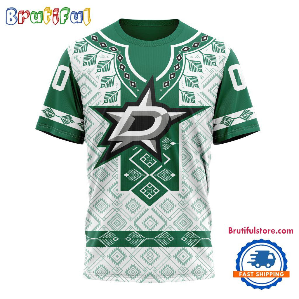 Dallas Stars Hockey Team Native Heritage Design Custom Name Number All Over Printed T-shirt - White