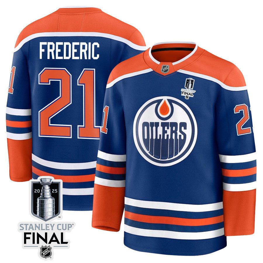 Trent Frederic 21 Edmonton Oilers 2025 STANLEY CUP Final Patch Home Men Jersey - Royal
