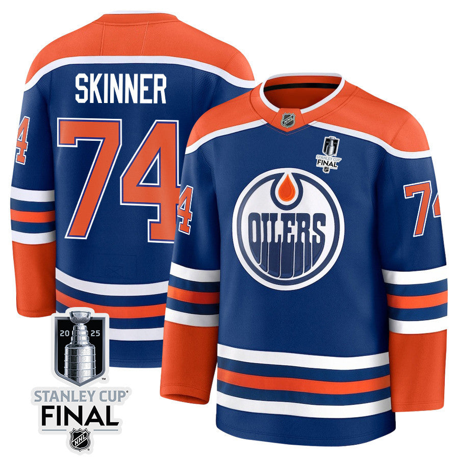 Stuart Skinner 74 Edmonton Oilers 2025 STANLEY CUP Final Patch Home Men Jersey - Royal