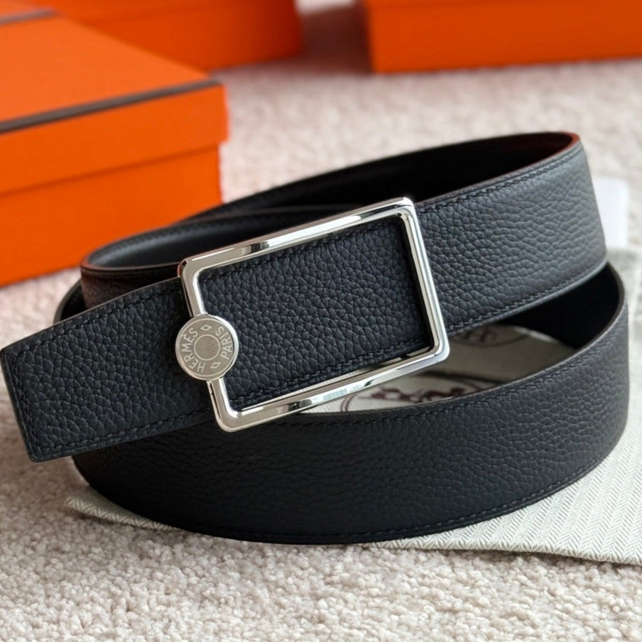 HM Silver Oscar Buckle Belt 38mm Black Leather 187784