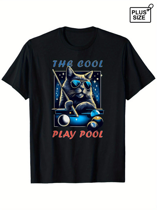 Funny Billiards Playing Cat Graphic T-Shirt - Vintage Style, Durable 100% Pure Cotton, Regular Fit S-XXXL, Casual & Sporty Design with "THE COOL PLAY POOL" Print, Perfect Gift for Sports Enthusiasts, PLUS SIZE