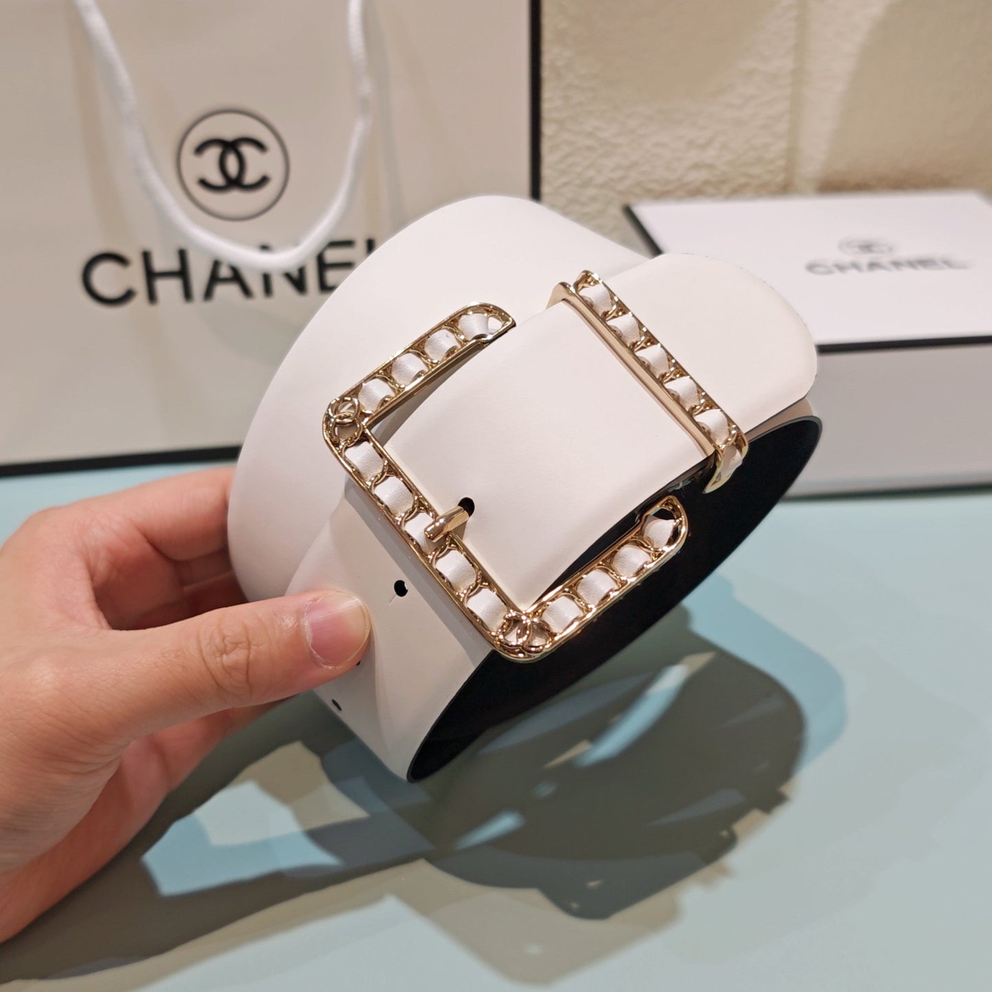CC Belt 5.0 Prong Buckle White Leather 200090