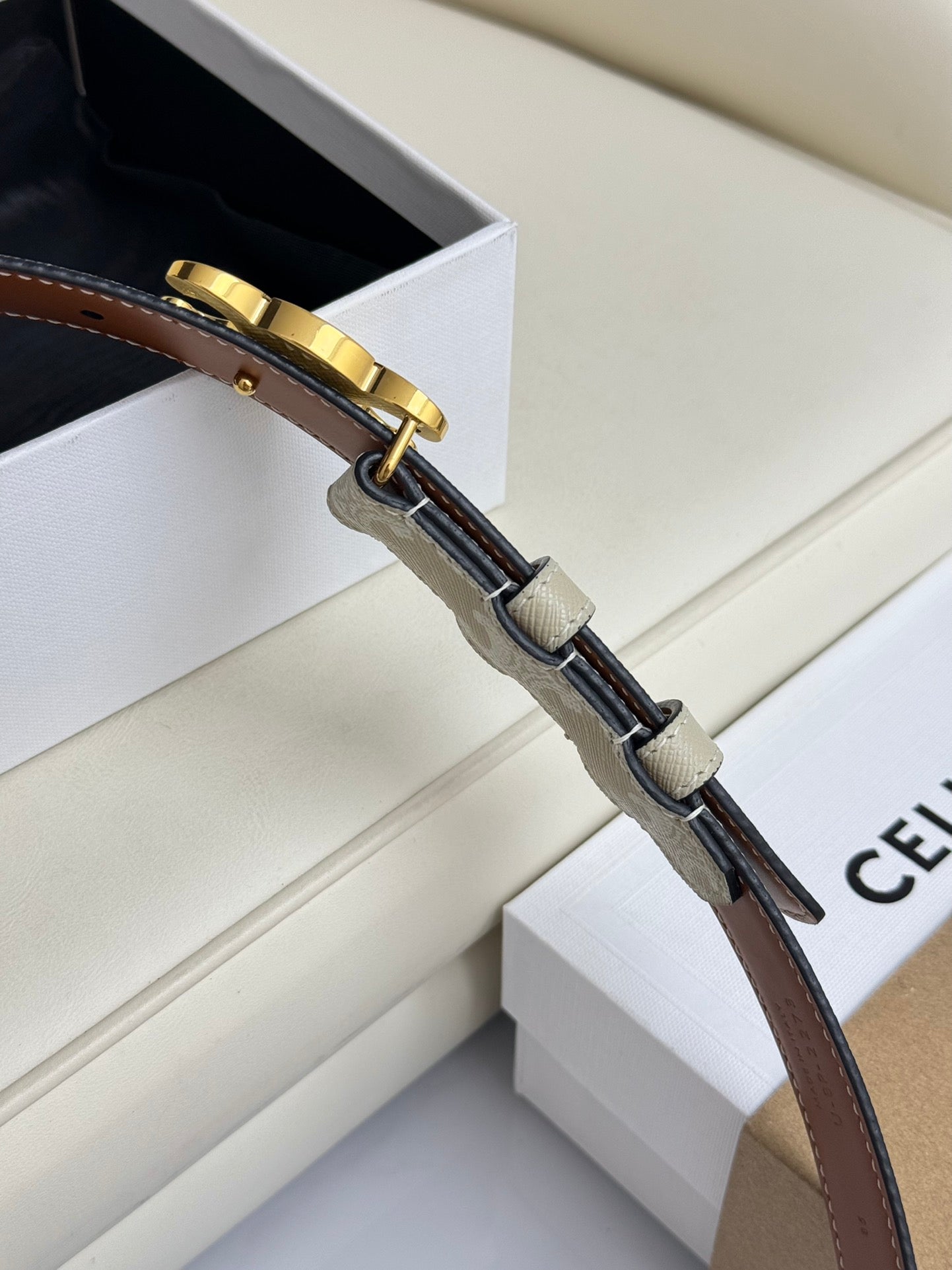 CEL Gold 25mm Triomphe Belt White Beige Canvas 180418