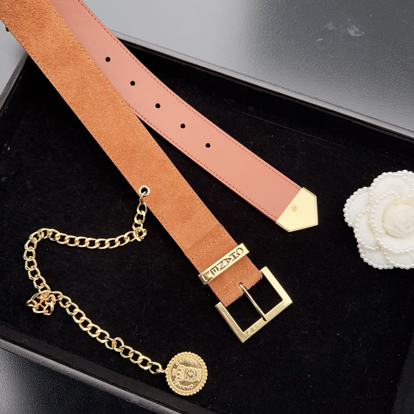 CC Logo Belt 3.5 With Cambon Medallion Light Brown Suede 200013