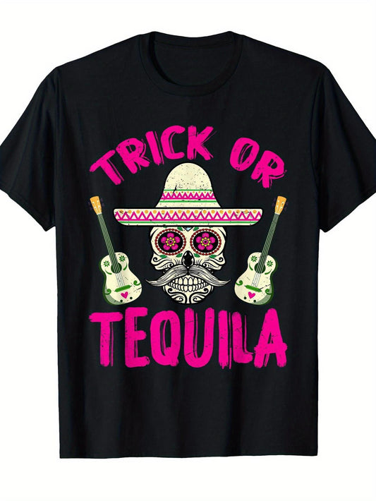 Mens & Womens Trick or Tequila Bartender Costume T-Shirt - Funny Bartender Print with Tequila Bottles & Ice Cubes Design, Short Sleeve Round Neck Casual Shirt for Halloween Party Outfit, Bartender Apparel for s