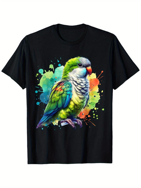 Men's & Women's Quaker Parrot Graphic T-Shirt - Soft Breathable 180gsm Fabric, Black with Green & Yellow Parrot Print, Casual Short Sleeve Round Neck Tee for Bird Lovers, S-XXXL Sizes (Ideal Gift for Pet Owners) - Unisex Comfortable Apparel