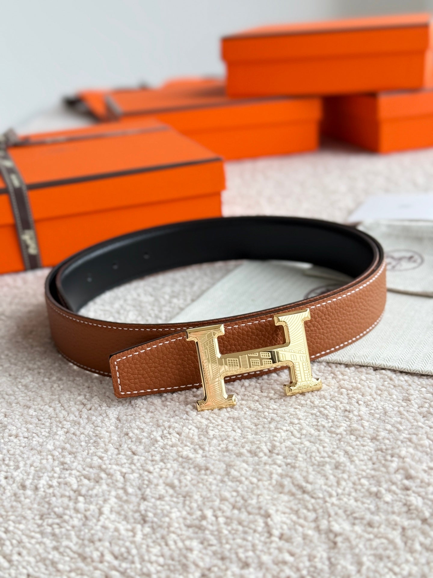 HM Gold H 5382 Faubourg Buckle Belt 32mm Brown Leather 187599