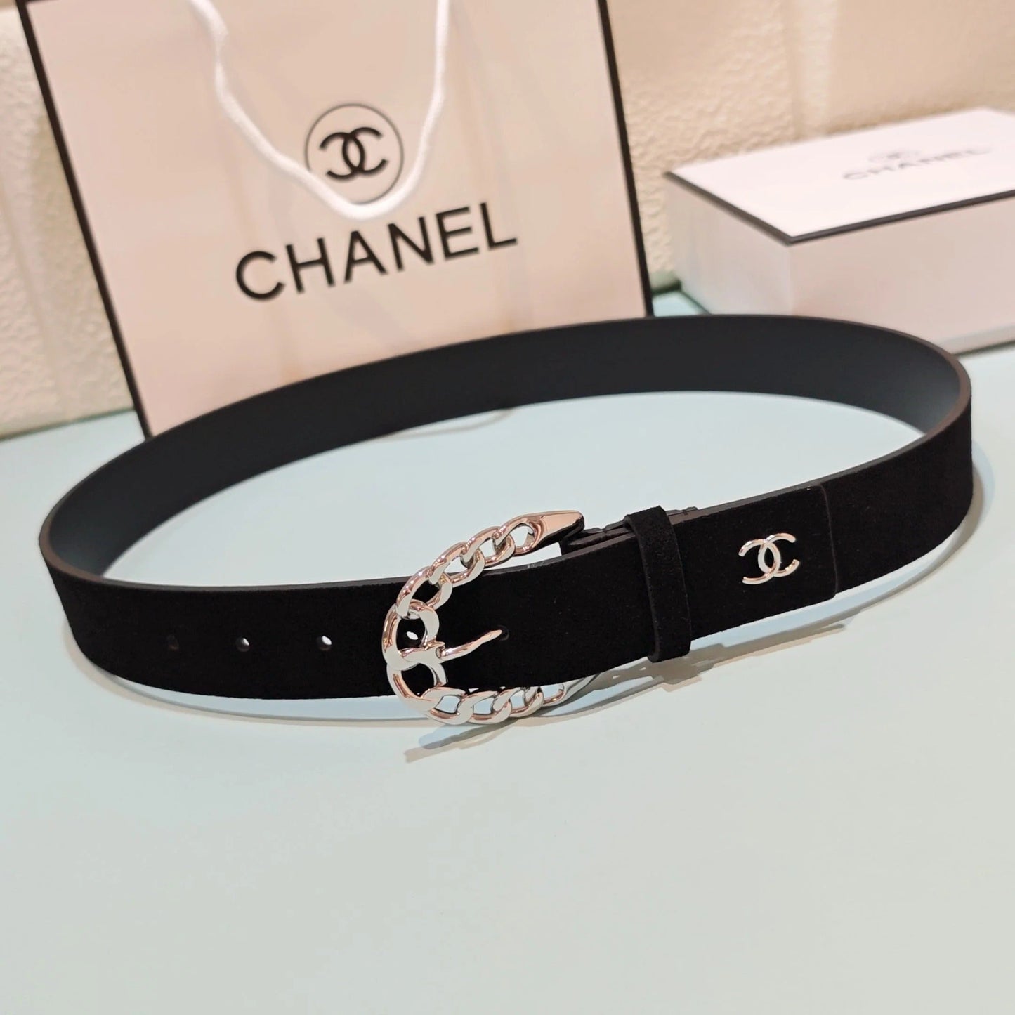 CC Belt 3.0CM Black Suede Sliver Buckle 198420