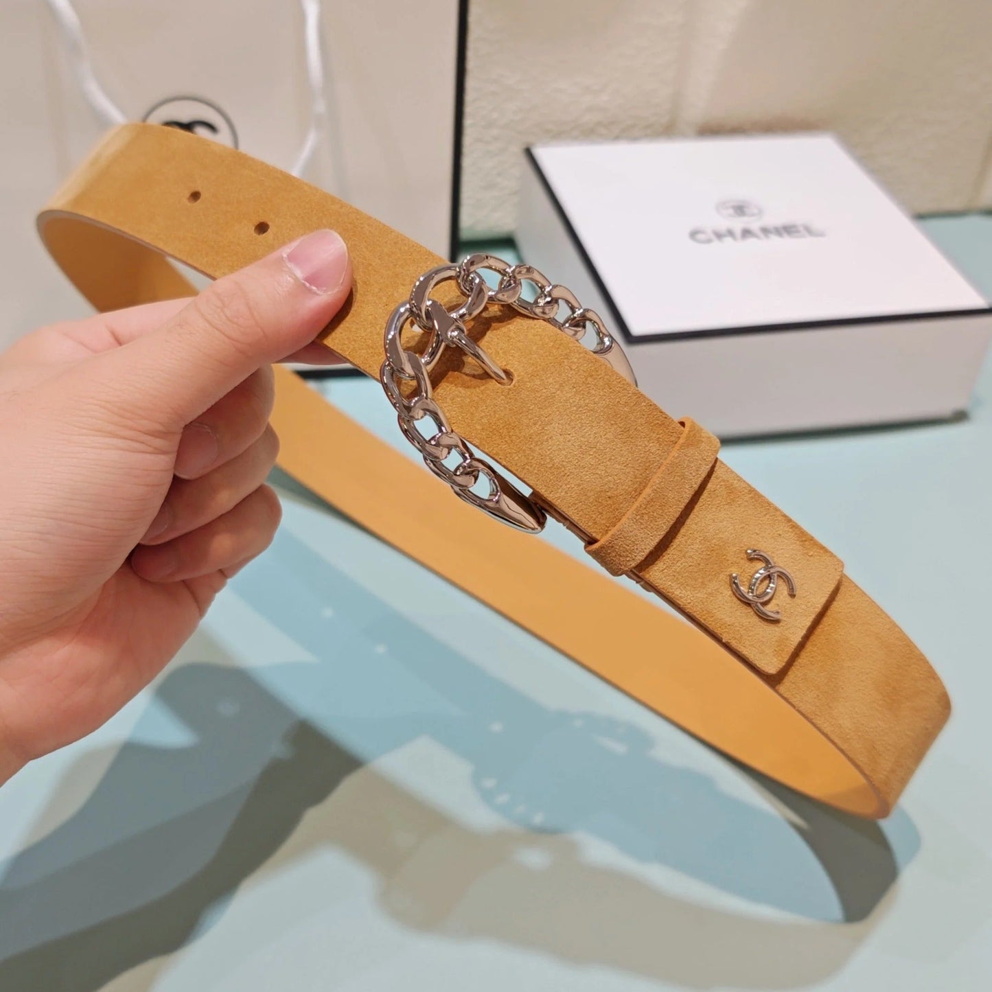 CC Belt 3.0CM Camel Brown Suede Sliver Buckle 198422