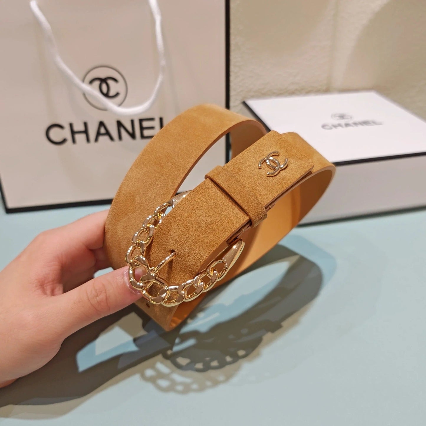 CC Belt 3.0CM Camel Brown Suede Gold Buckle 198423