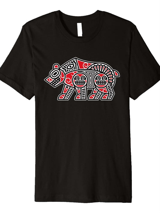 Haida Bear American Indian T-Shirt - 180gsm Cotton Cultural Heritage Tribal Design with Haida Bear Art, Round Neck Short Sleeve Casual Shirt for all-Season Wear