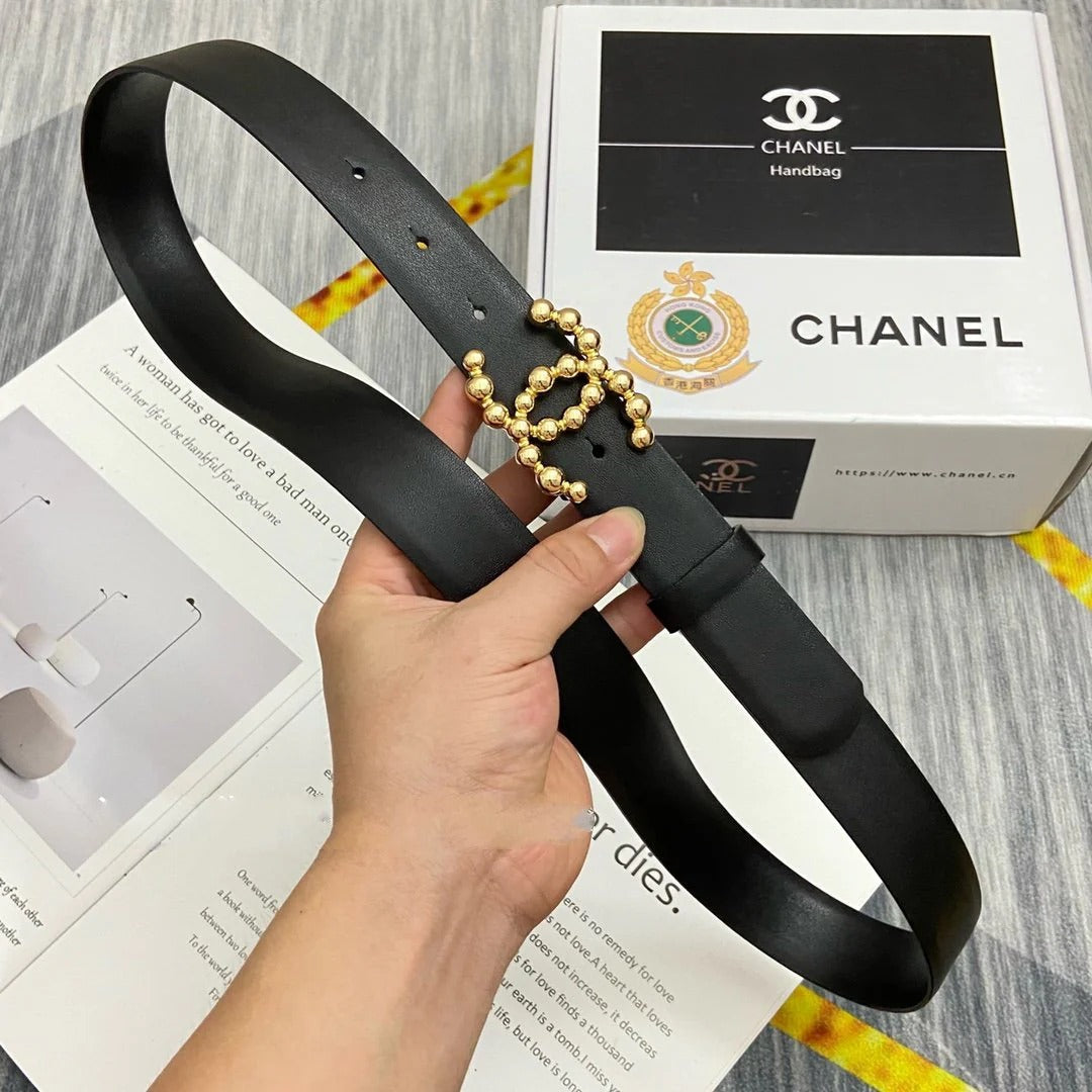 CC Women's Belt 3.0CM Black Cowhide Gold Buckle 586507