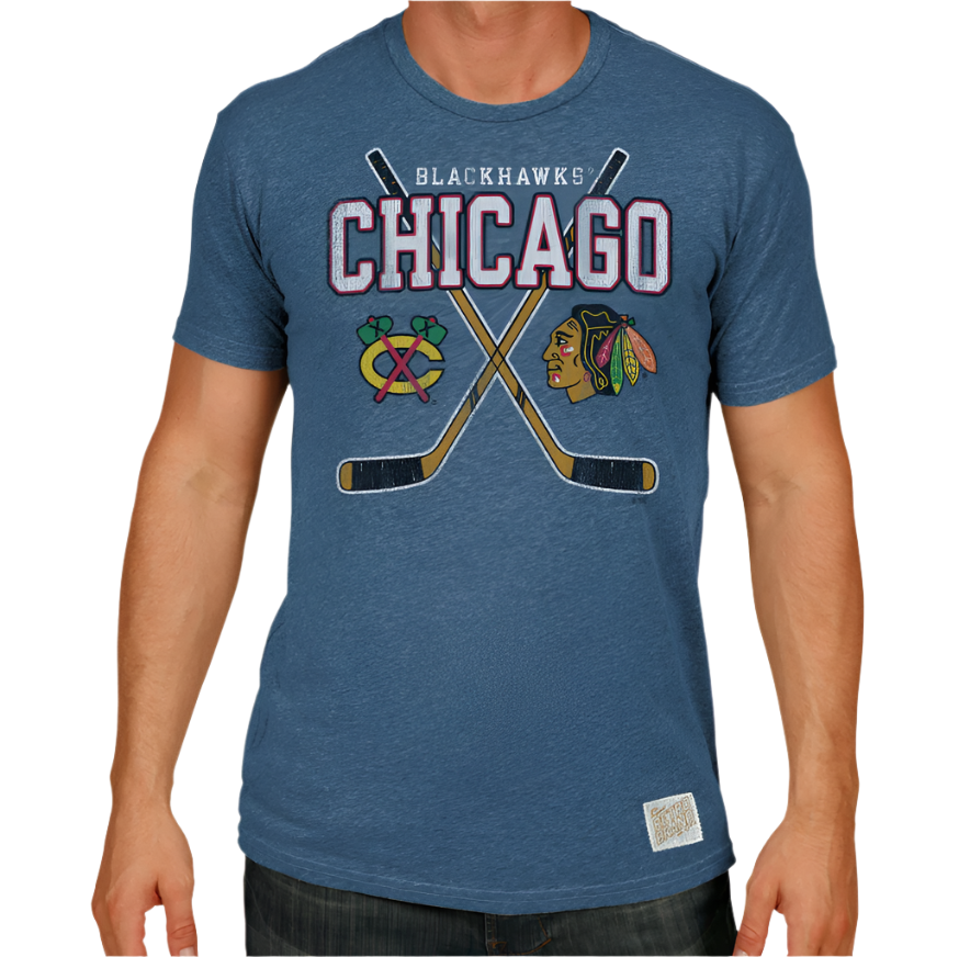 Men's NHL Chicago Blackhawks Heather Blue Cross Sticks Tee By Retro Brand