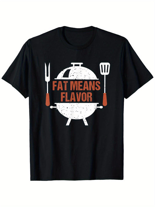 MenS Means Flavor BBQ Grill Graphic T-Shirt - Casual Round Neck, Short Sleeve, 100% Cotton, Comfortable Fit for All Seasons, BBQ T Shirt