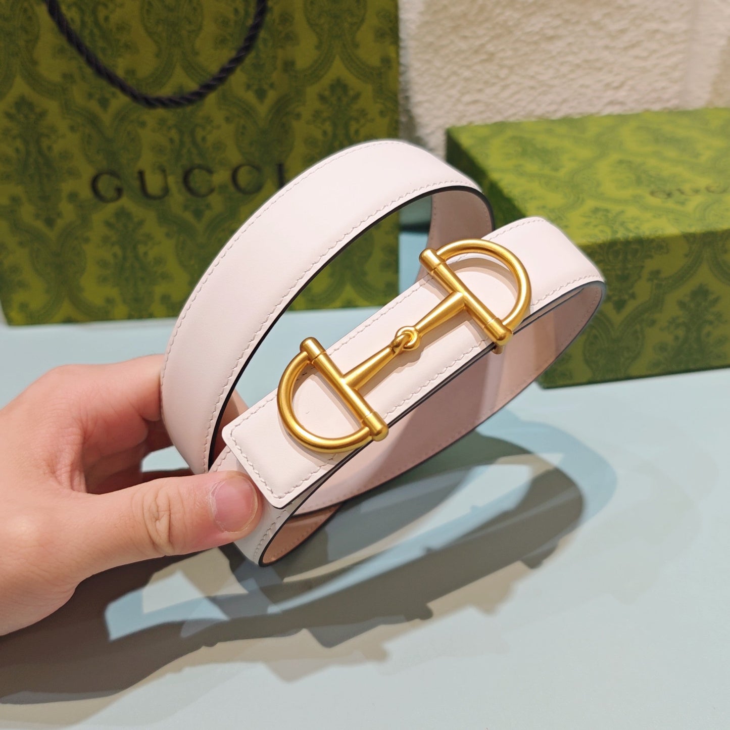 GG 3.0 Horsebit-Detailed Belt White Gold Smooth Leather 200186