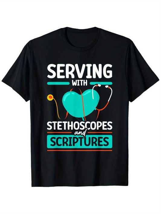 Christian Nurse RN Serving with Stethoscopes & Scriptures Graphic T-Shirt - 100% Cotton Unisex Casual Tee for Men & Women, All-Season Comfort, Machine Washable, Sizes S-XXXL, Outdoor Adventures | Vibrant Design | Durable Fabric, Nurse Accessories for Work