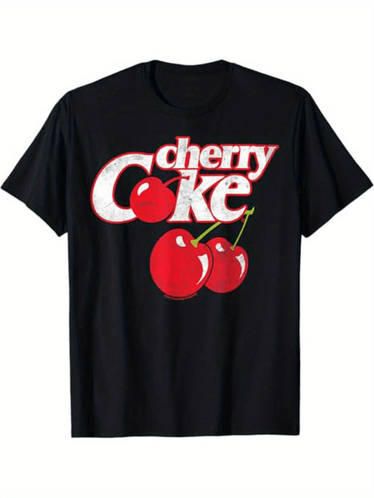 Men's & Cherry Cola Logo T Shirt Casual Short Sleeve Round Neck Tee with Iconic Red & White Print, S XXXL Sizes, Black Suitable for Holiday Gifts, Casual Attire, Machine Washable for