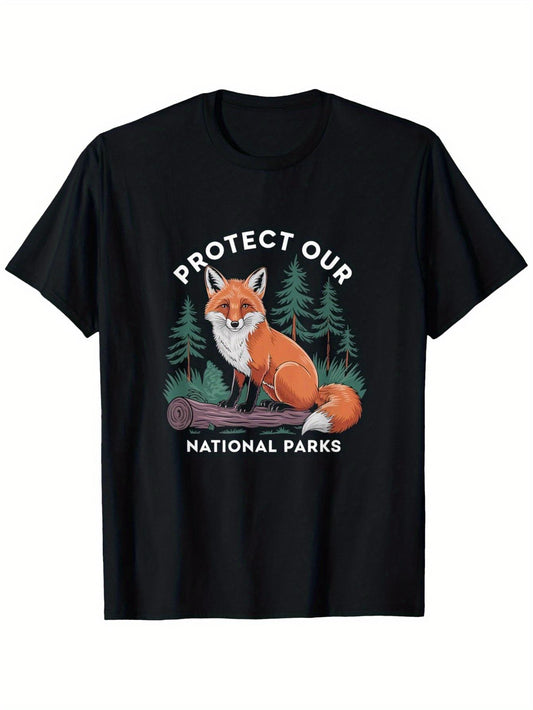 Men's Protect Our National Parks Fox & Forest Wildlife T-Shirt - Heavyweight 180gsm 100% Cotton, Black with White/Green Nature Design, S-XXXL Sizes, Casual Round Neck Short Sleeve for Outdoor, Conservation Supporters & Everyday