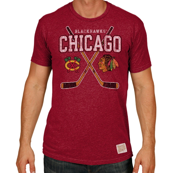 Men's Chicago Blackhawks NHL Heather Red Cross Sticks Tee By Retro Brand