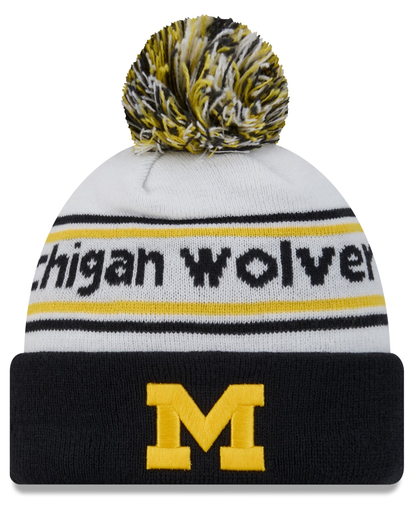 Men's Michigan Wolverines New Era White/Blue Banded Cuffed Pom Knit Hat