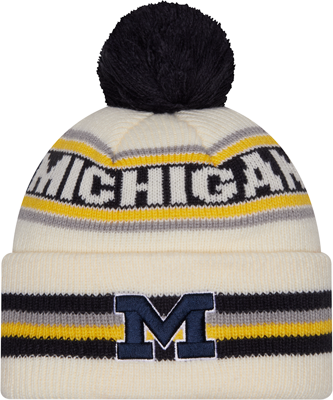 Michigan Wolverines New Era Knit Classic Cuffed Knit Hat with Pom -Cream