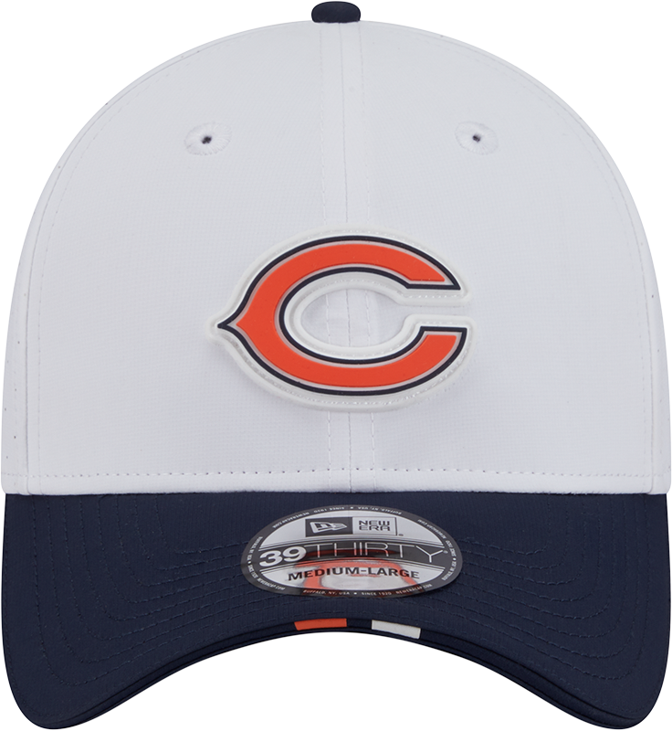 Men's Chicago Bears New Era Secondary Logo White/Navy 2025 NFL Training Camp 39THIRTY Flex Hat