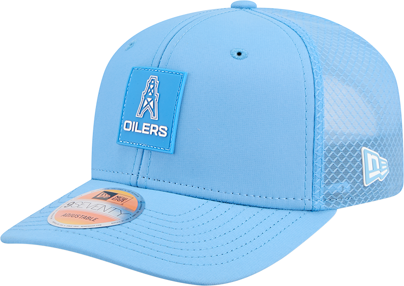 Men's Houston Oilers New Era Blue 2025 Sideline 9SEVENTY Trucker Adjustable Hat