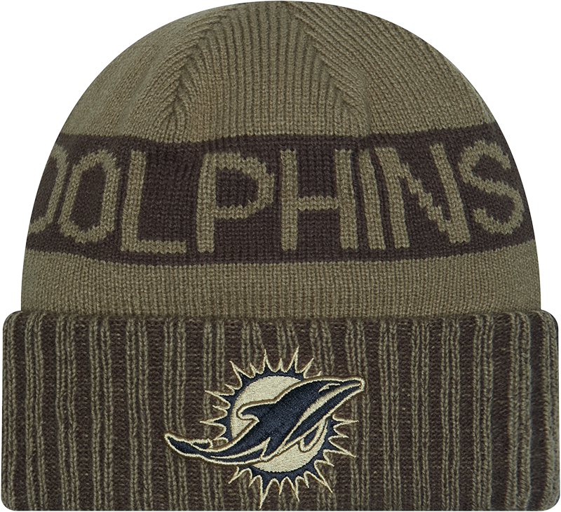 Miami Dolphins New Era Green 2025 NFL Sideline Salute To Service Cuffed Knit Hat