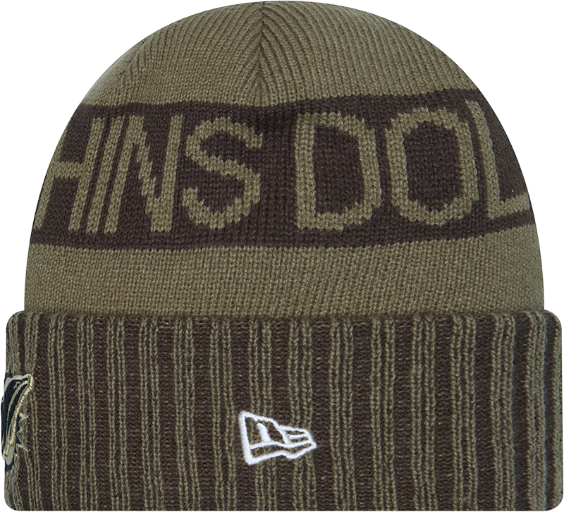 Miami Dolphins New Era Green 2025 NFL Sideline Salute To Service Cuffed Knit Hat