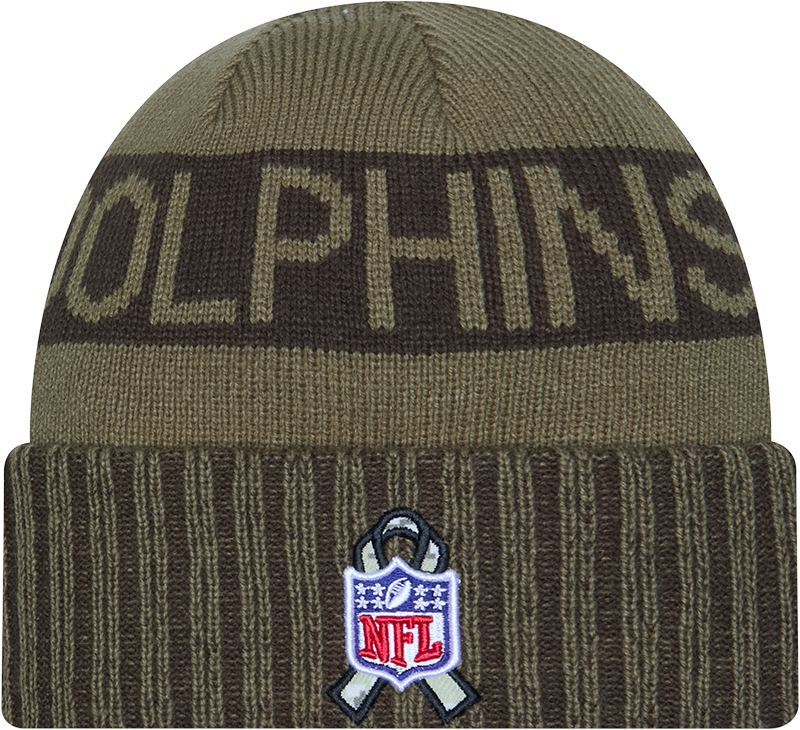 Miami Dolphins New Era Green 2025 NFL Sideline Salute To Service Cuffed Knit Hat